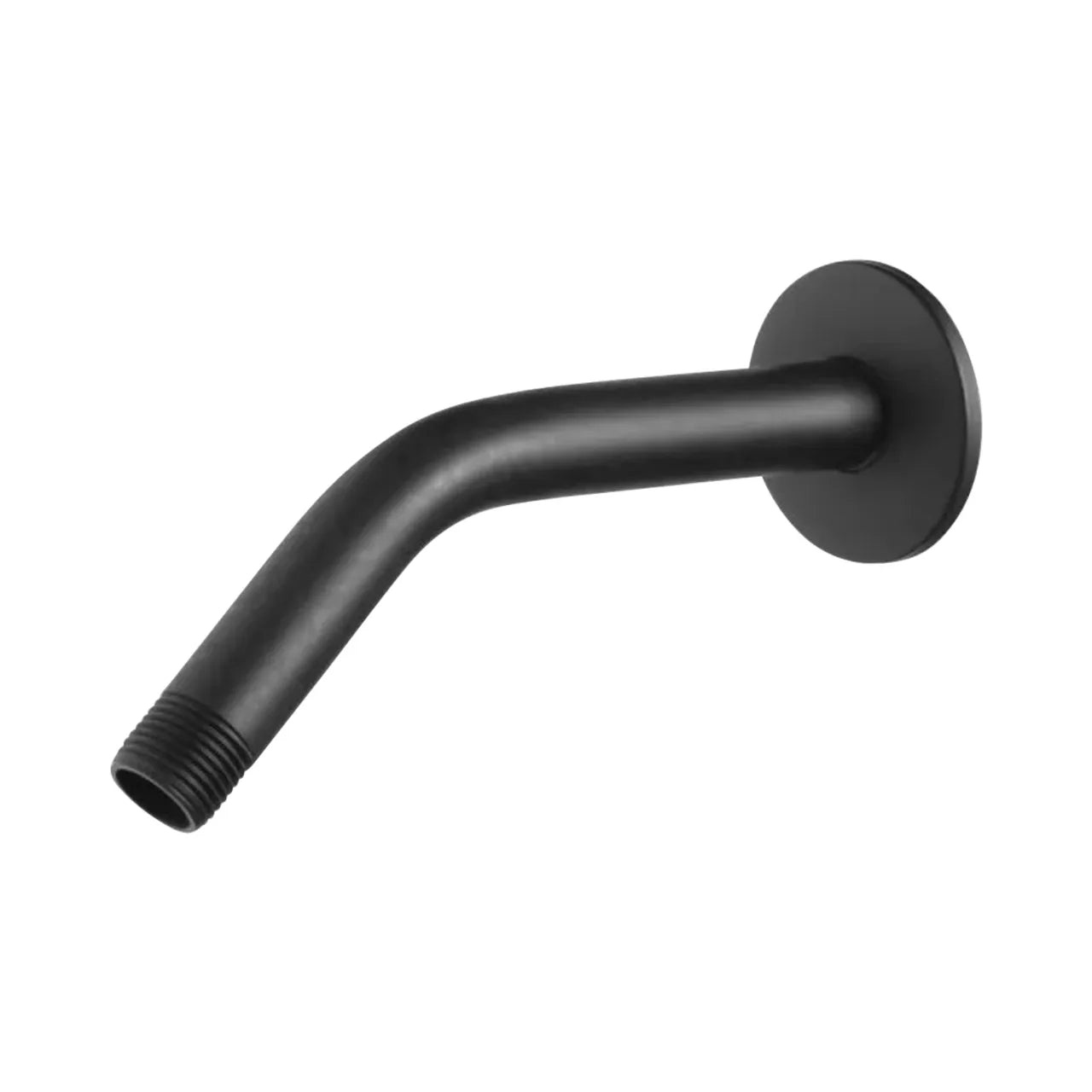 The Go Build 8 in. Shower Arm & Flange in matte black features a stainless steel, angled design with a circular wall flange and threaded end, shown isolated on a white background.